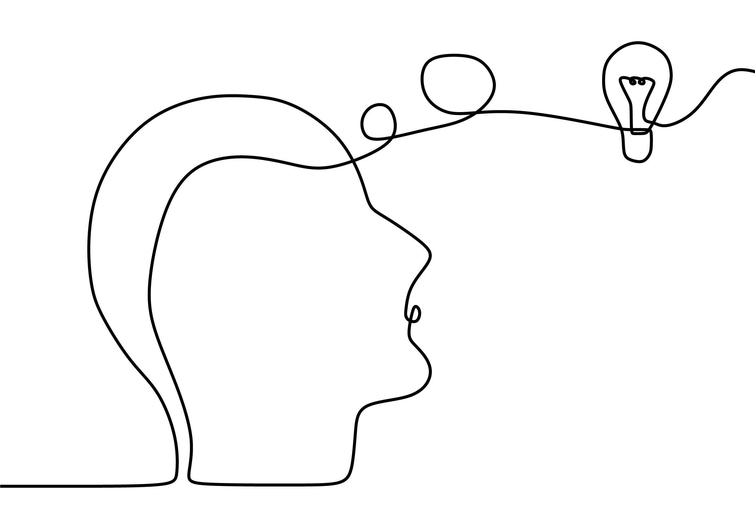 line drawing of lightbulb coming from person's head